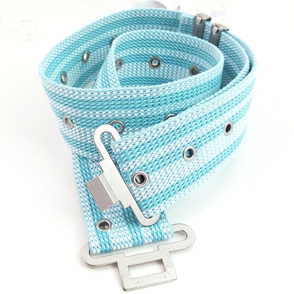 Unisex Web Belt💙 Blue Stripped Nylon Grommets Canvas | Metal Buckle - Picture 7 of 8